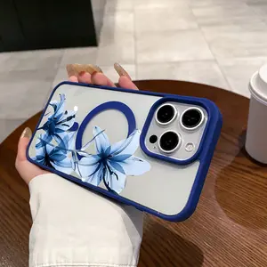 Magnetic Vintage Case for iPhone 17 16 E Pro Max 15 Plus 14 13 12 11 XS XR, Aesthetic Blue Lily Art  Vibes | Lightweight, Shockproof, Silicone, Scratch Resistant, and Cute