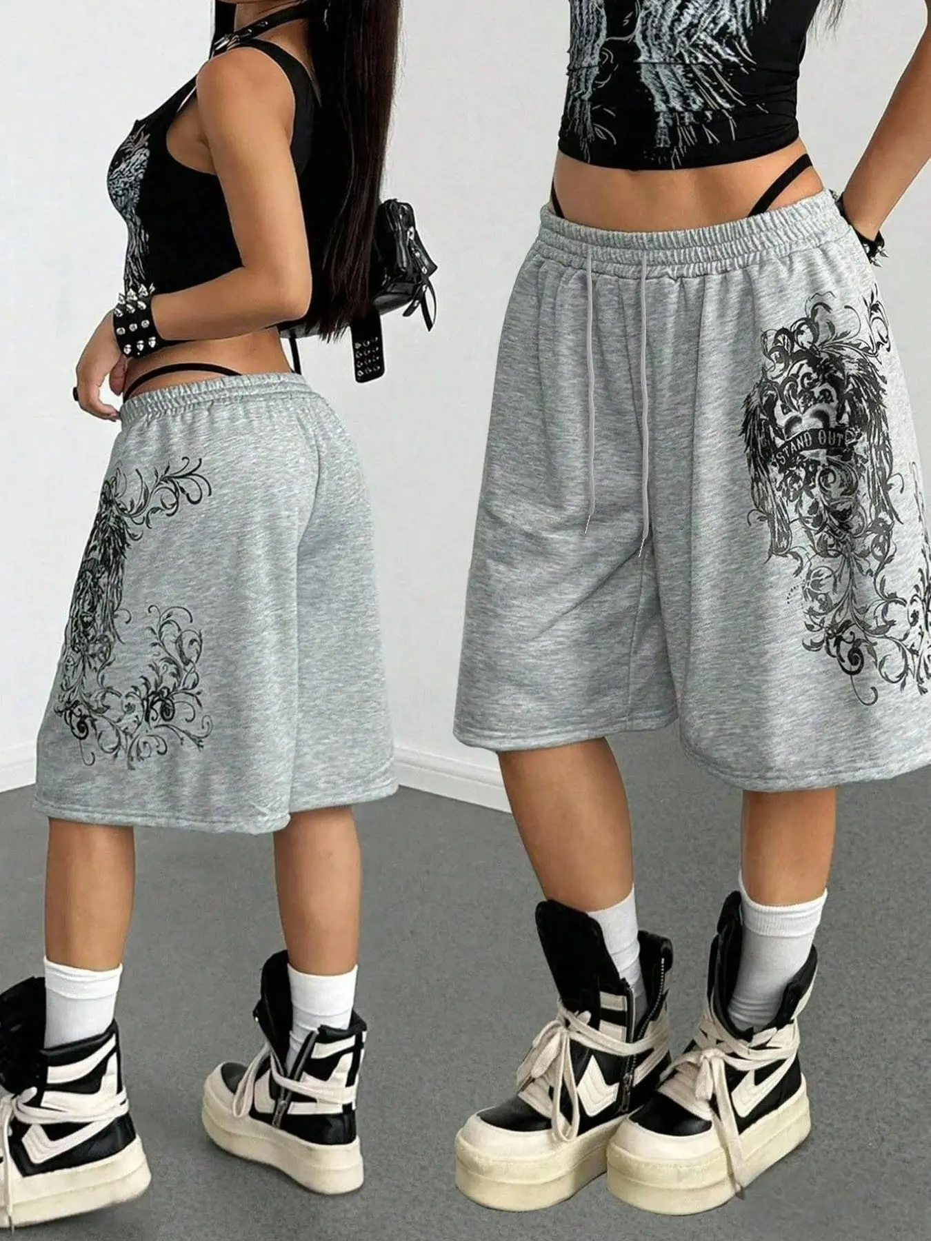 Women's Vintage Gothic Print Elastic Waist Sweat Cropped Shorts, Grey Loose Baggy Casual Y2K Streetwear Style, Perfect for Party & Daily Wear, Bottoms
