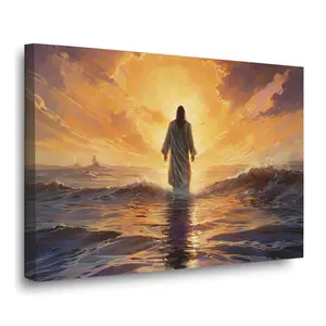 Christian Jesus Walking on Water Wall Art Sea Miracle Theme Sunset Soft Light Style Suitable for Living Room Devotional Nook Bedroom Fits Faith & Home Use Decor Religious Ornaments   wall decor  dopamine decor poster