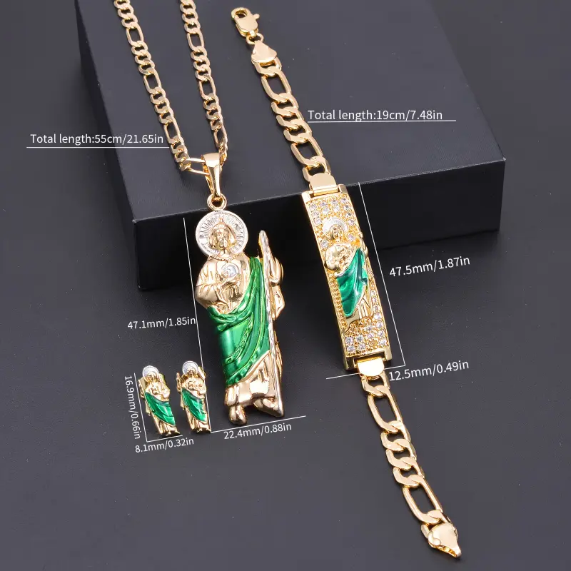 Jewelry Set (Figaro Bracelet + Pendant + Necklace + Pair Of Earrings) Mexican Charm Saint Jude, Guadalupe, Religious Patron Saint Faith Wearing Jewelry, Jewelry Jewelry Set Holiday Celebration Gifts, Protect Blessing Jewelry Gifts For Men A safety pin