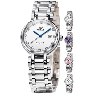 Fashion Brand OLEVS Watches for Womens Analog Quartz Silver Strap Fashions Classic Dress Stainless Steel Date Waterproof Casual Ladies Watches Gift Womens Wrist Watches Reloj Para Mujer White/Pink/Purple