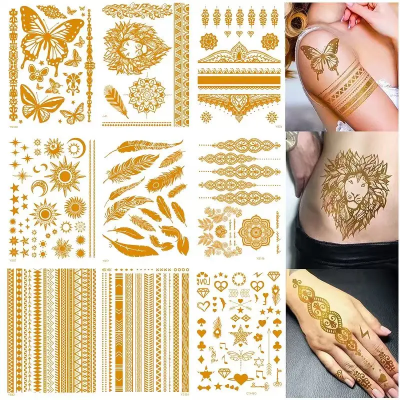 9 Sheets 110+ Designs Flash Gold Temporary Tattoos Metallic For Women Adult, Girl Golden Lion Festival Sun Moon Star Butterfly Glitter Tattoo Sticker, Fake Tattoos That Look Real and Last Long Flower Crystal Halloween Sensitive