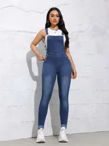 Women's Plain High Waist Skinny Denim Overalls, Casual Sleeveless Pocket Button Overall Jeans for Daily Wear, Ladies Bottoms for All Seasons, Womenswear, Dungarees, Clothes for Women, Comfy Jumpsuit, Casual Fitted Jumpsuit