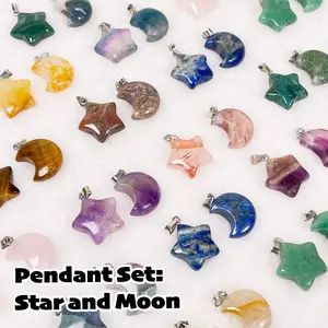 [Video Order]1 Count Pendant Set：star and moon, materials include: amethyst, yellow tiger eye, lapis lazuli, rose quartz, ocean jasper, green aventurine, moss agate