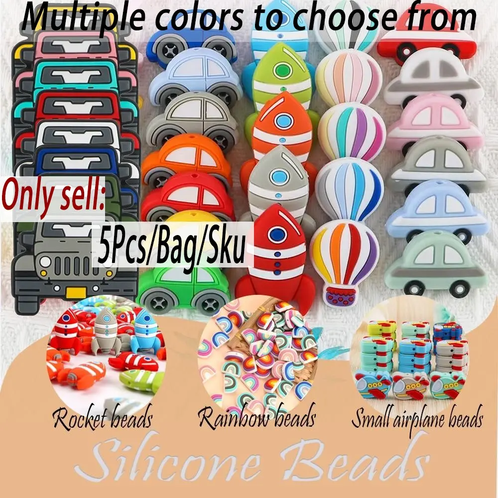 5 Piece Silicone Beads Set, Bead Assortment, Car Airplane Rainbow Rocket Beads, DIY Jewelry Making Keychain Necklace Bracelet Accessories, DIY Beading Accessories