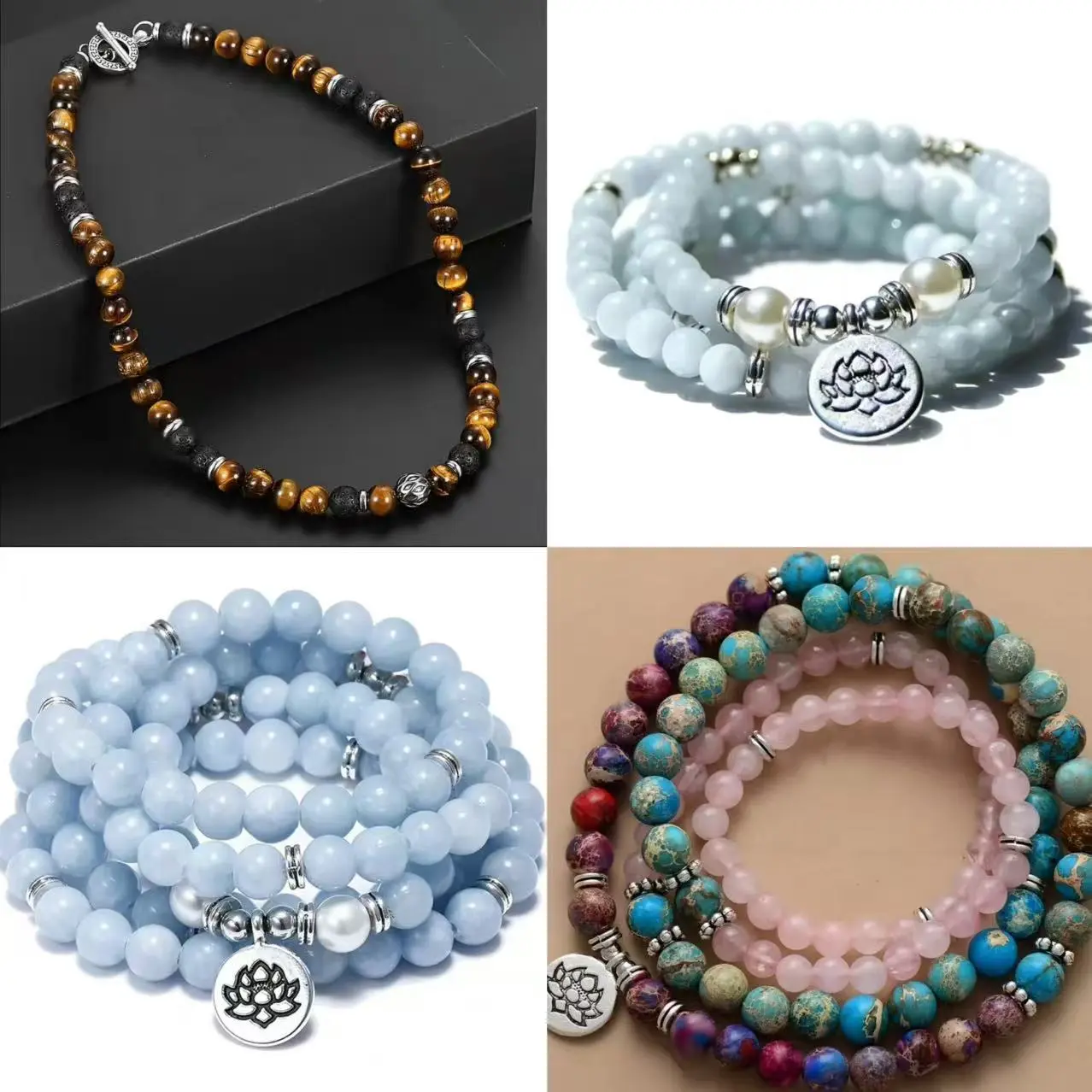 Bohemian Natural Stone Beaded Chain Jewelry Necklaces Set - 4-Style Tiger’s Eye, Volcanic Lava Stone Tree-of-Life Toggle Clasp Necklaces, Spiritual Costume Jewelry for Daily Wear, Gifting