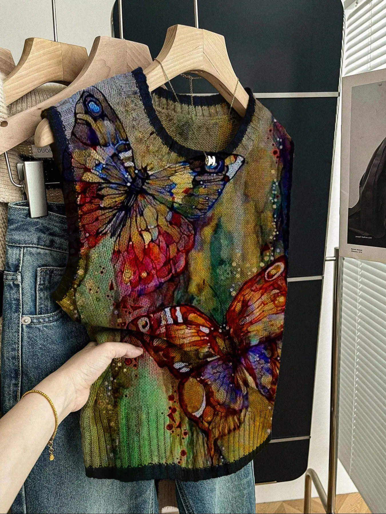 Women's Casual Loose-Fitting Round Neck Sleeveless Knit Top, Colorblock Butterfly Print, Fall, All-Season Wear