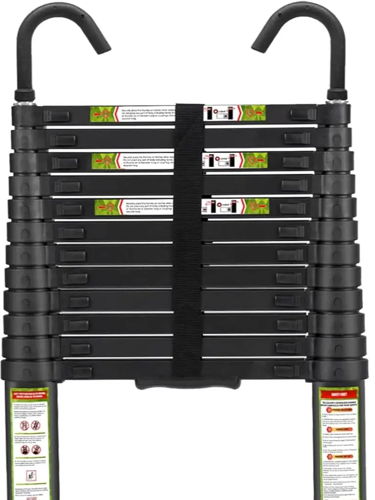 12.5FT Telescoping Ladder, 6063 Aluminum Lightweight Collapsible Extension Ladder with Detachable Top Hooks, 330 lb Capacity, Adjustable Portable Ladder with Rung Locks for RV, Roof, Attic & Construction, Black