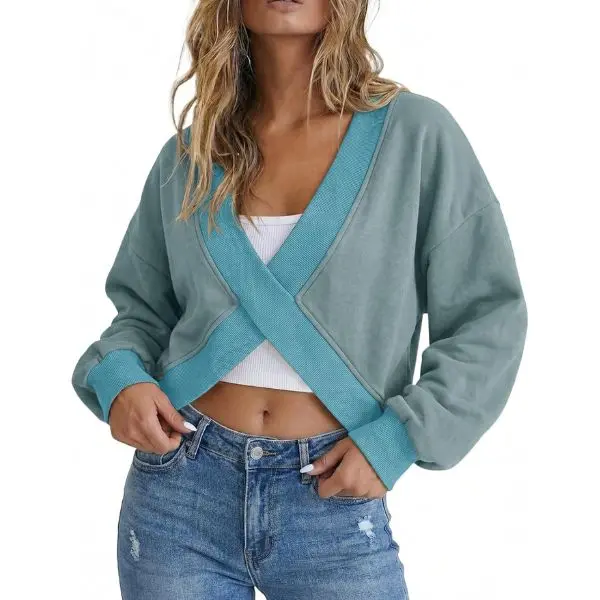Fisoew Womens Pullover Sweatshirt Soft Oversized V-Neck with a Criss Cross Wrap Hem, Long Balloon Sleeve Cropped Casual Loungewear,back to school,back to school shopping, Women's Tops And Blouses