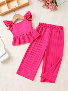 Girls' Ruffled Sleeve T-Shirt + Wide Leg Pants Set, Striped Sets Casual Fashion Set Comfortable, Cute Clothing Set, Summer Outfits Set, Summer Clothes Set, 3-8 Years, Perfect for Holidays