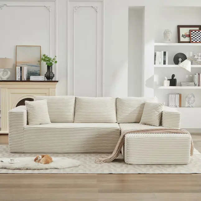 105-inch Modular Sectional Sofa with Recliner, Ready-to-Assemble, Corduroy Fabric, Convertible L-Shape Design for Living Room