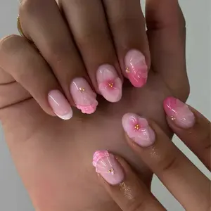 24pcs Short Oval French Gel Shell Flower Gold Pearl Nails, Acrylic Press-On False Nails, Flower Design Nails, Diy Nails Art, Includes Jelly Glue and Nail File