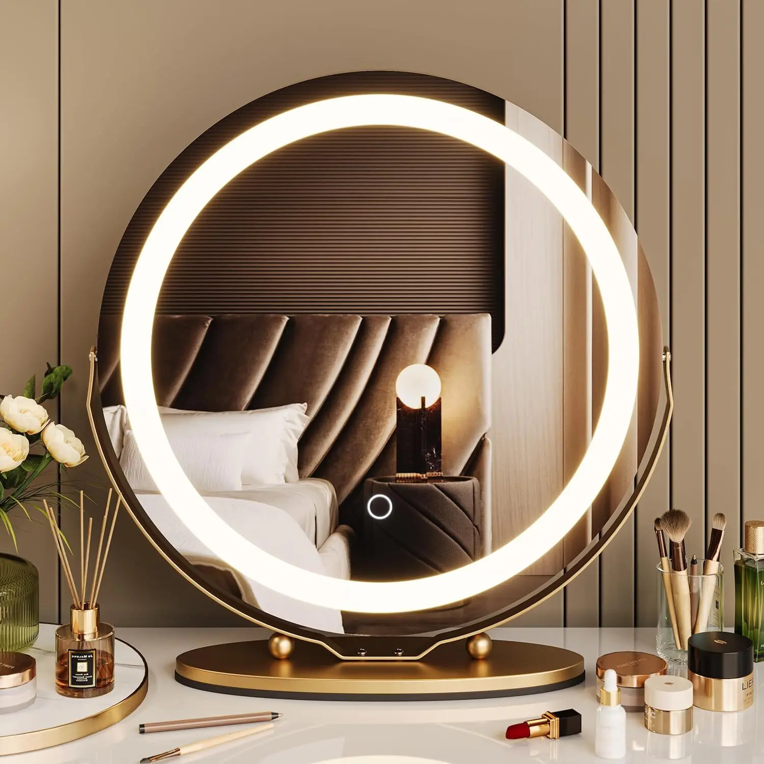 19-inch Diameter Modern Round Aluminum LED Vanity Mirror, Smart Touch, 3-Color Dimmable Lighting, 360° Rotation, Expansive Viewing Experience, Easy Setup, Gold Decor Brush Set for Dressing Room & Bedroom Tabletop