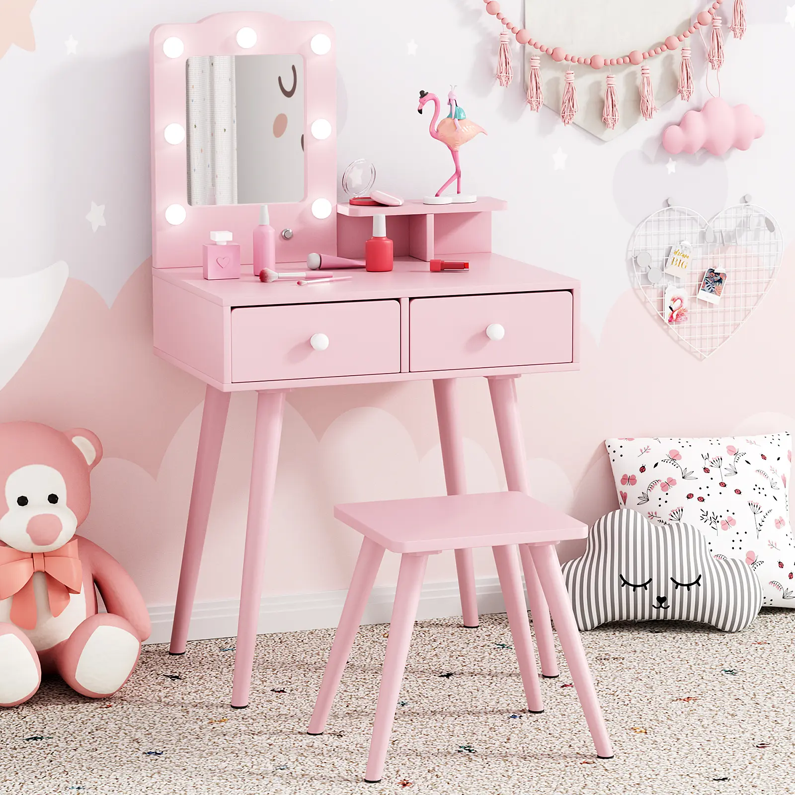 Arlopu Kids Vanity Set and Mirror, Wooden Pretend Play Vanity Table and Chair Set for Girls with Stool, Drawer, Princess Makeup Dress-Up Toy for Toddlers 3+Year Old, homeessentials