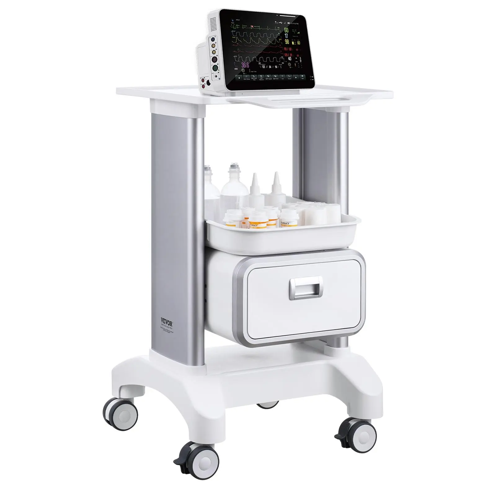 【summerfinds】VEVOR 2 Tiers Lab Carts, Lab Utility Cart with 1 Drawer & 1 Top Tray, Mobile Medical Cart with ABS Material, Lab Rolling Cart with 4 Silent Wheels for Lab, Clinic, Hospital, Salon, White