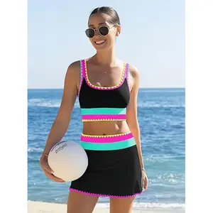 New 3-Piece Quick-Dry Two-Piece Bikini Swimsuit, High Waisted with Scalloped Edge Design, Tummy Control, Featuring Adjustable Wide Shoulder Straps and Neon Colors, Ideal for Sporty Beachwear and Perfect for Kayaking.