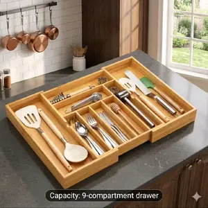Expandable Bamboo Drawer Organizer Adjustable Kitchen Utensil Cutlery Tray with 9-Compartment Capacity for Multi-Use Storage in Kitchen Office or Home