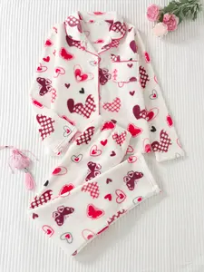 【clearance sale】Two-piece Elegant Flannel Pajamas Set for Ladies Long-sleeved Button-up Top with Cartoon Heart Print & Comfortable Pants Plush Homewear