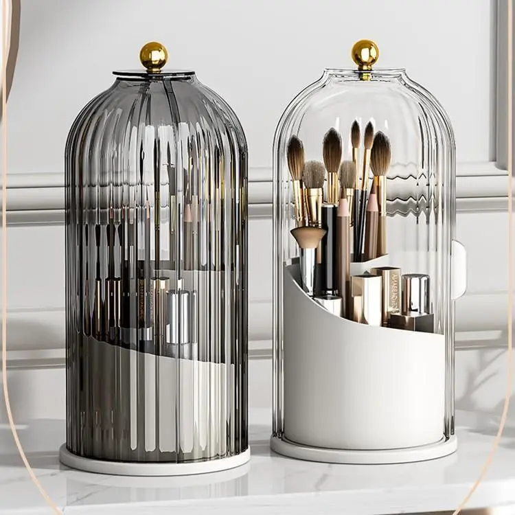 Compact Rotating 3-Slot Toothbrush Holder with Sliding Lid - Bathroom Countertop Organizer Caddy for Vanity Organization, Beauty Products, Boxes, Decor (Grey/White)