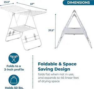 Heavy-Duty Foldable Laundry Drying Rack – Portable Shoes & Clothes Rack for Indoor & Outdoor Use, Space-Saving Design, Easy to Fold Gullwing Design, Sturdy Metal, 50lb. Capacity-White
