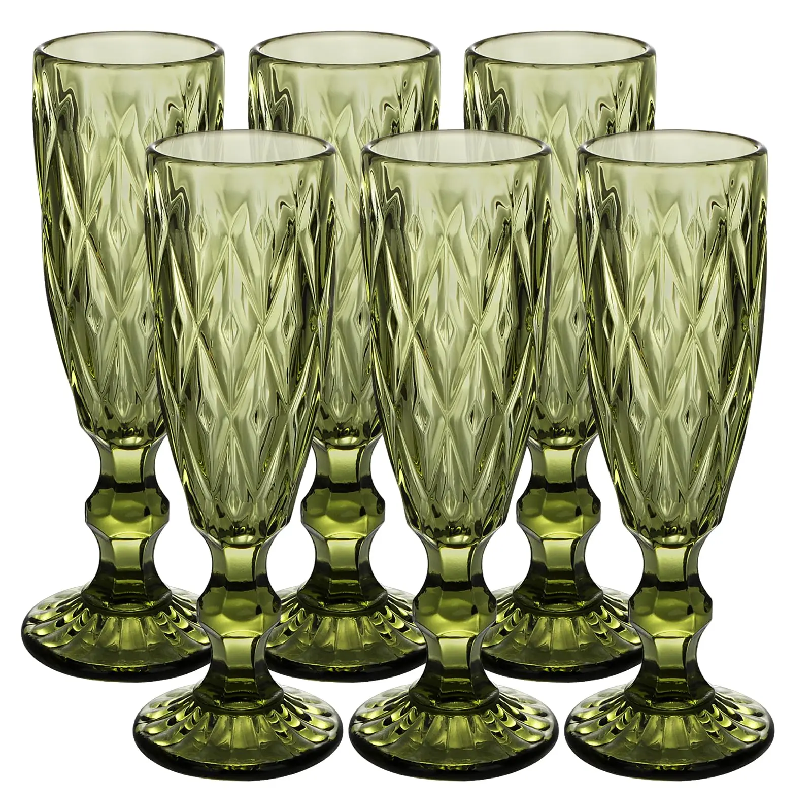 Glass Green Champagne Flutes,Vintage Goblet Glasses,Wine Glasses,Colored Glassware Set,Water Goblets for New Year Christmas,Party, Wedding, & Daily Use,5 oz, Set of 6(Green-5 oz)
