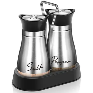 Salt & Pepper Shaker Set with Holder, 1 Set 4oz Salt Shaker with Stainless Steel Lid, Seasoning Utensils for Kitchen Cooking BBQ, Housewarming Gift