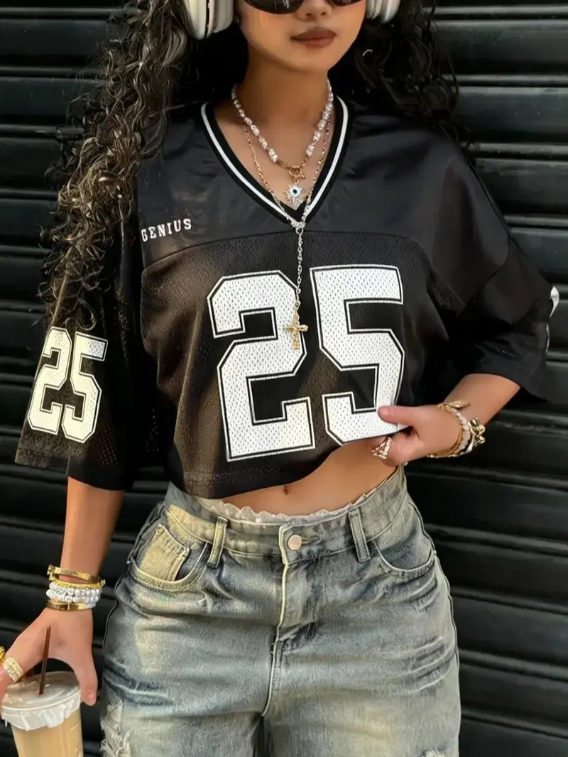 Women's Retro Sporty Cropped Jersey, 25 Number Graphic V-Neck Mesh Short Sleeve T-Shirt, Streetwear Apparel For Daily Outfit, Casual Tennis Top, Breathable Sports Tee