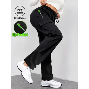 HIDKAT Women's Letter Green Cargo Pants with Zip Pockets, Drawstring Waist, Casual Style, Non-Stretch Fabric, Suitable for Outdoor Running and Daily Wear, US Direct Shipping