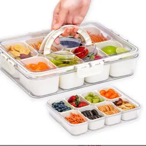 Divided Serving Tray with Handle -Lid & Removable Snack Box 8 Compartment Fruit Container Food Storage Snackle Lunch Organizer Fridge Platter