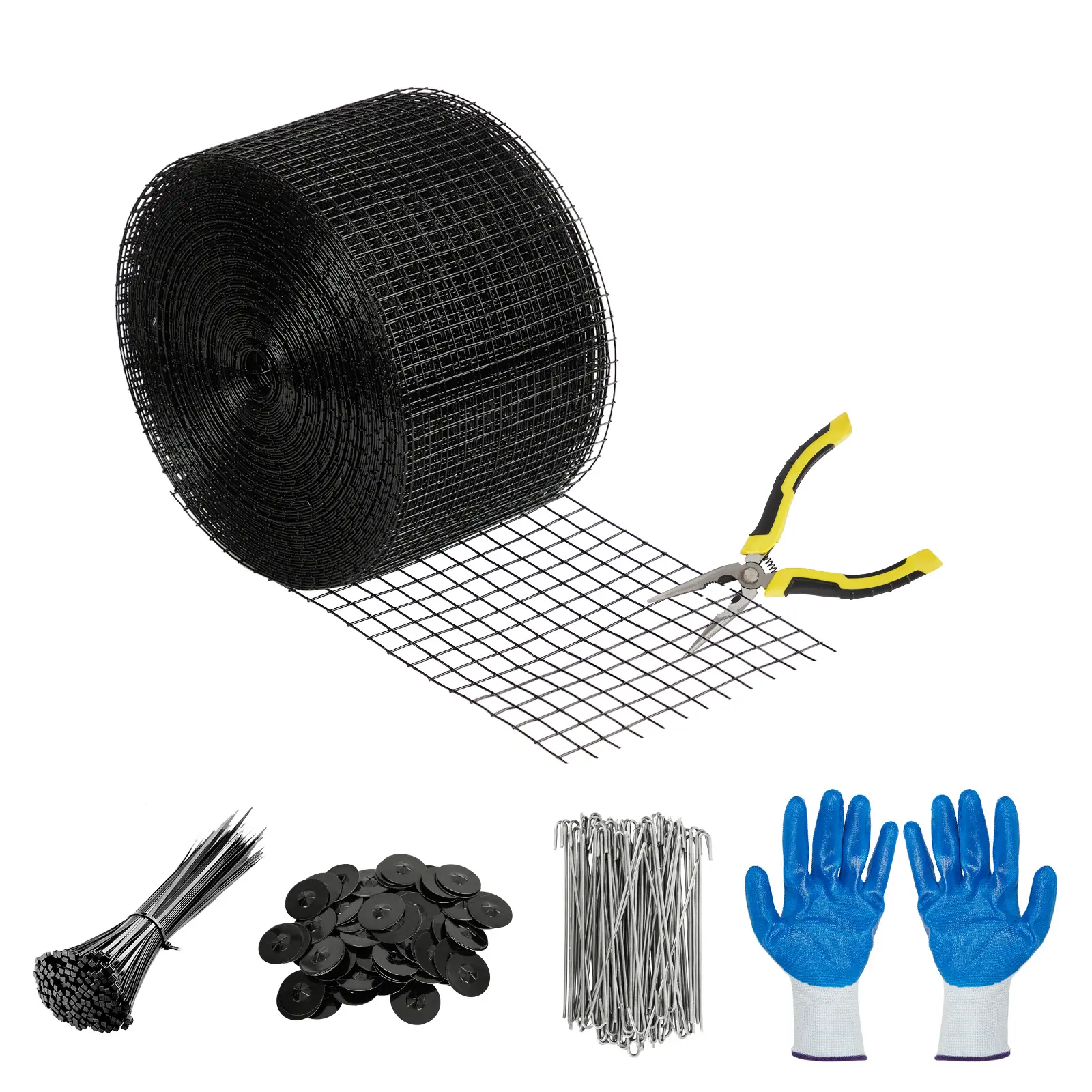 Outdoor Residential & Commercial Solar Panel Bird & Critter Guard Kit for DIY Users - 6x100 ft PVC-Coated Galvanized Steel Mesh Roll, 100 Fastener Clips, Heavy-Duty 6 Inches Flat/Sloped Roof Critter Blocker