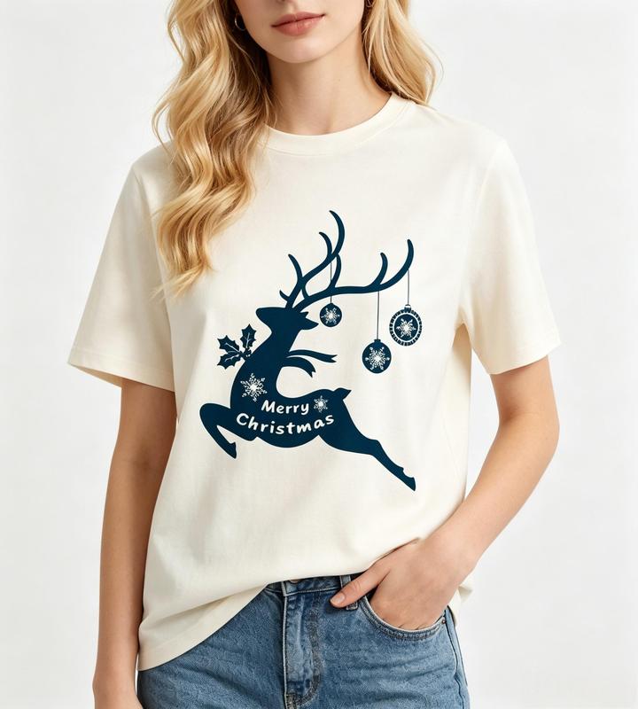 Women's Fitted Christmas Cotton Tee - Crew Neck, Short-Sleeve, Leaping Reindeer Silhouette, Ornament Bauble, Merry Xmas, Beige/Navy Blue, Comfortable Tops for Women, Lady-Fit #sohochic