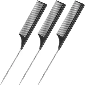 3 Packs Rat Tail Comb Steel Pin Rat Tail Carbon Fiber Heat Resistant Teasing Combs Hair Styling Combs with Stainless Steel Pintail