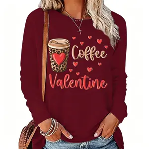 Women's Comfortable Longsleeves Polyester Heart Print Top - Fashion Lady's All-Season Regular Fit Basic T-Shirt, Machine Washable, Ideal for Casual Daily & Valentine's Day Gift