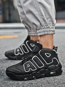 Men'S Casual High-Top Sneakers, Air Cushioned Design Basketball Shoes, Trendy Fit, PU Leather Upper, Rubber Sole, All Seasons, Medium Width, Above Ankle