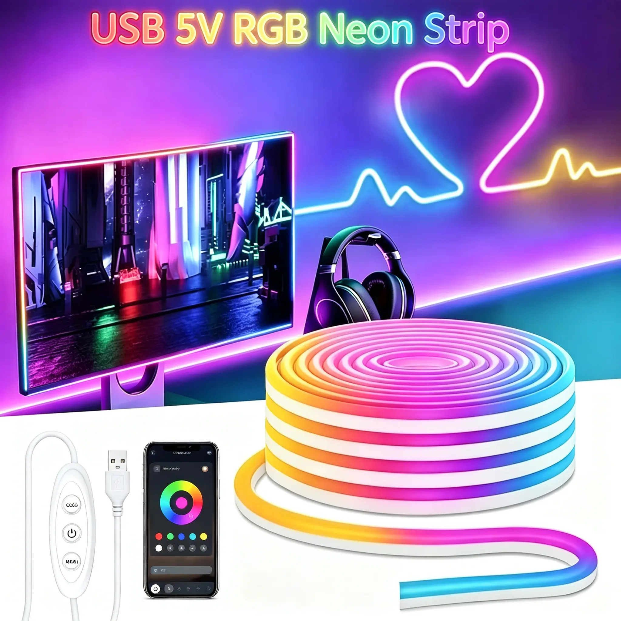 USB 5V RGB Neon LED Strip Lights - 1/2/3/5M Silicone Rope Lights, App & 3-Key Controller, Music Sync, Flexible DIY Color-Changing for Bedroom, Gaming Room Decor