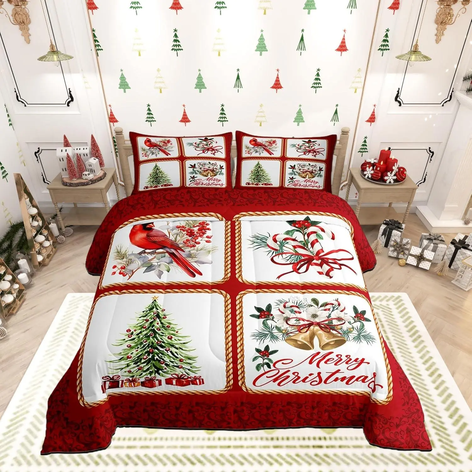 Christmas Plaid Comforter Set,Berries Cardinals Xmas Pine Print Bedding Set for Kids Boys Men,Floral Bells Red Lace Patchwork Quilted Duvet Set