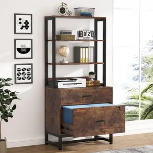 LITTLE TREE 2 Drawer Lateral File Cabinet with Lock, Letter Size Large Modern Filing Cabinet Printer Stand with Open Storage Shelves for Home Office