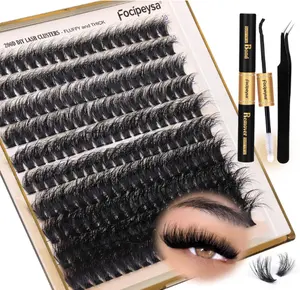 Focipeysa Lash Extension Kit Thick Eyelash Extension Kit 10-18mm Fluffy Lash Clusters 200D Individual Eyelashes Kit with Lash Bond, Lash Remover, Lash Applicator, DIY Lashes Extension
