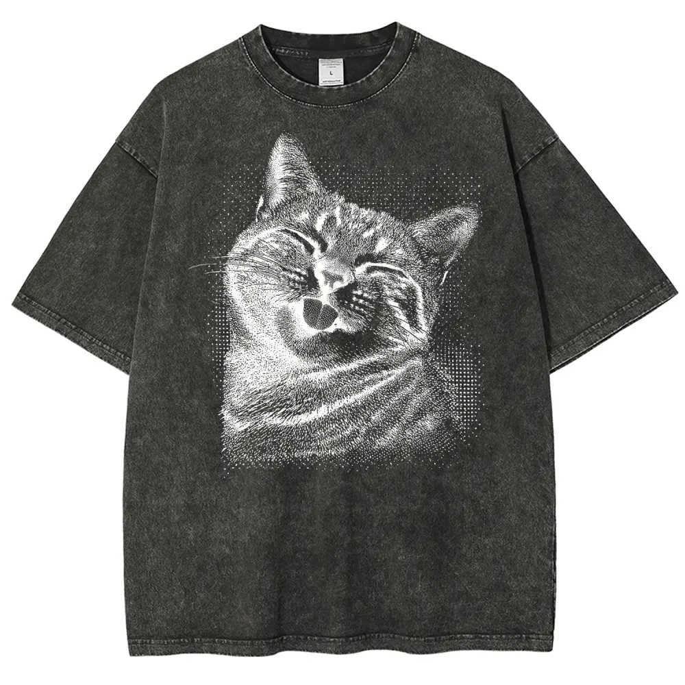 Happy Cat Tongue Out Graphic T-Shirt, Vintage Washed Style , Pink Halftone Kitty Print, Gift For Cat Lovers trendy streetwear cotton distressed tee