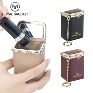 Royal Bagger Mini Chain Cosmetics Case for Women, Genuine Cow Leather Retro Kiss Lock Purse, Small Lipstick Makeup Bag with Mirror 3241 Compact