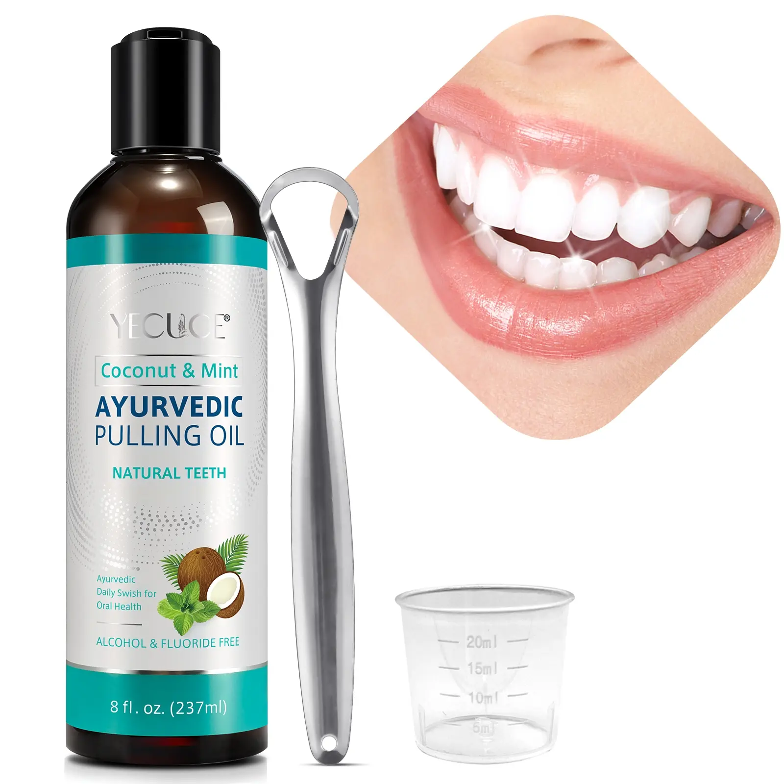 Yecuce Coconut Oil Pulling Oral Care Mouthwash 237ML, Ayurvedic Oral Rinse, Fresh Breath, Reduces Plaque Buildup, Protects Oral Health, Liquid Form, No Alcohol