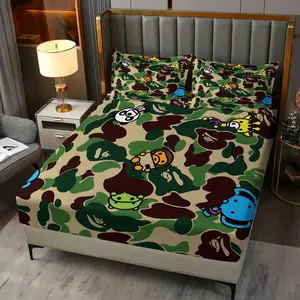 3Pcs Cartoon Camo Print Fitted Sheet Set, No Fillers Cute Animal Bedding Set with Pillowcases, Trendy Camouflage Bed Sheet Set for Teens Kids, Elastic Deep Pocket Mattress Cover for Bedroom Dorm Decor