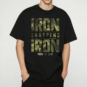 Men'S Oversized Graphic T-Shirt - "IRON SHARPENS IRON" & Proverbs 27:17 Bible Verse Design, Geometric Print Casual Streetwear Tee, Breathable Summer Top, Machine Washable, Summer Fashion |         Camouflage Pattern
