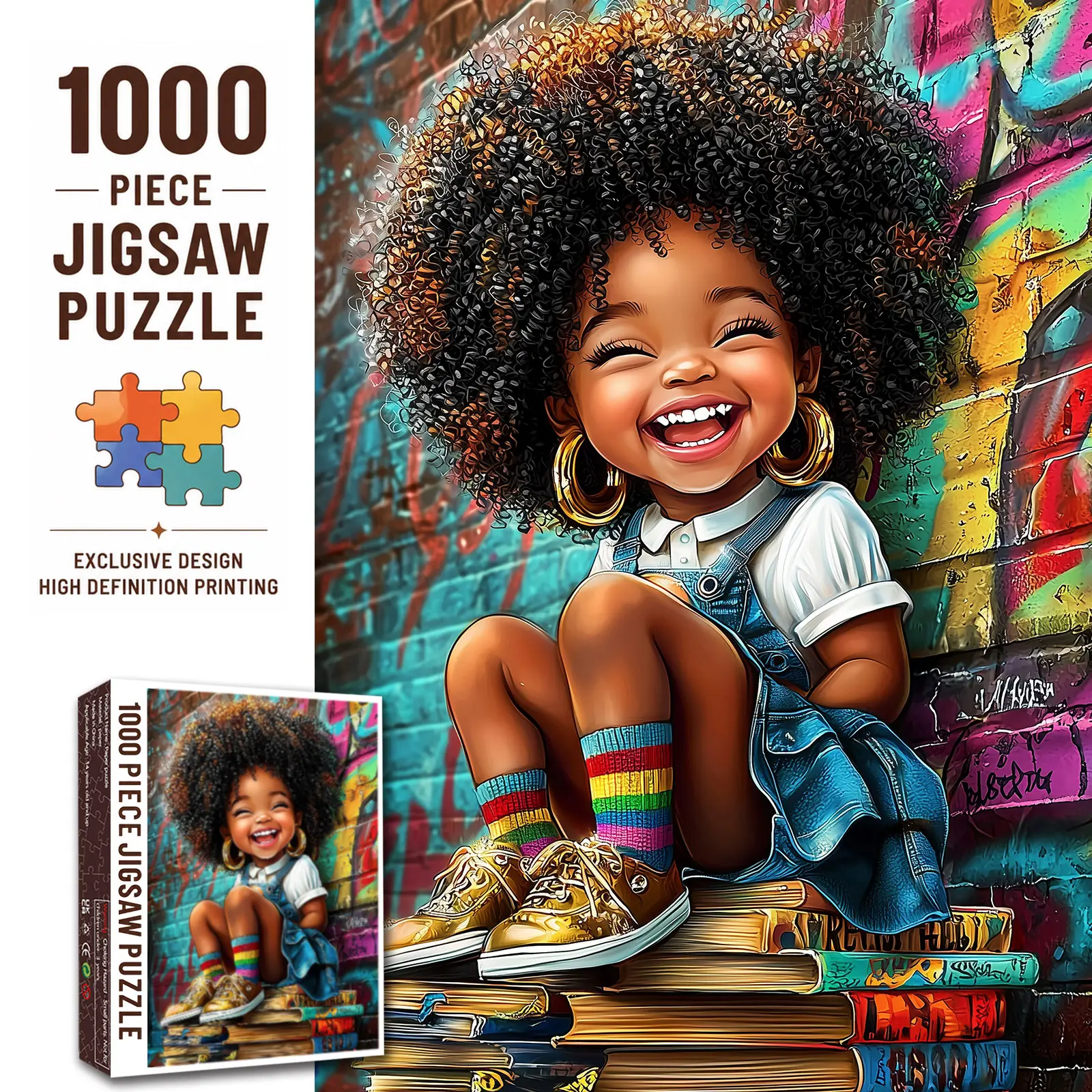 Walarky Joyful Black Girl 1000 Pieces Jigsaw Puzzle, Cute African American Child Sitting on Books Colorful Street Art Portrait Illustration, Family Game Brain Teaser Stress Relief Relaxing Challenge Wall Decor Gift for Adults Seniors 27.5x20inch 70x50cm