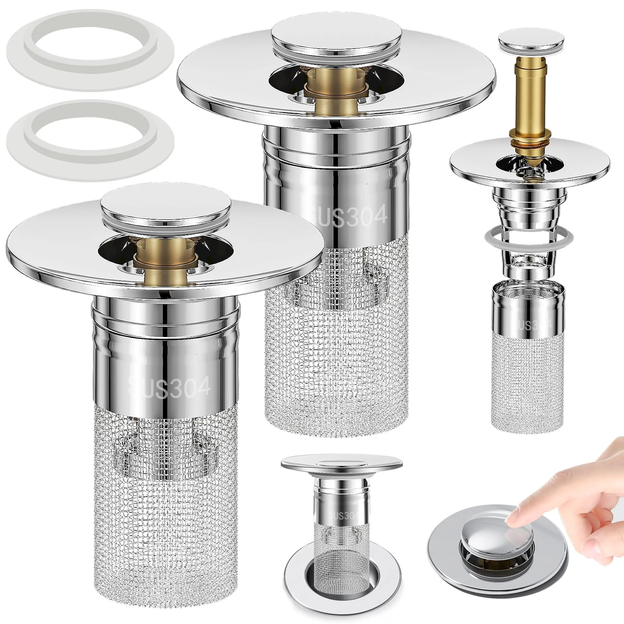Bathroom Sink Drain Strainer, Pop Up Sink Drain Filter with Removable Stainless Steel Filter Basket Hair Catcher, Bathroom Sink Drain Stopper, for Bathroom Sink Stopper Replacement