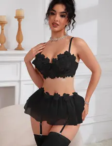 [Garter Belt And Stockings Set] Floral Lace Underwire Garter Lingerie Set with Mesh Mini Skirt & Babydoll Chemise - 1 Pair Stockings Included  Womenswear