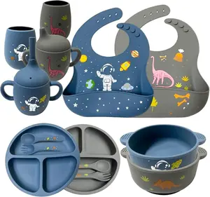 【Highly Recommended】Soft Silicone Baby Feeding Set With Pattern, Baby Led Weaning Supplies with Adjustable Bib, Suction Bowl, Suction Divided Plate, Straw Cup, First Stage Spoon & Fork