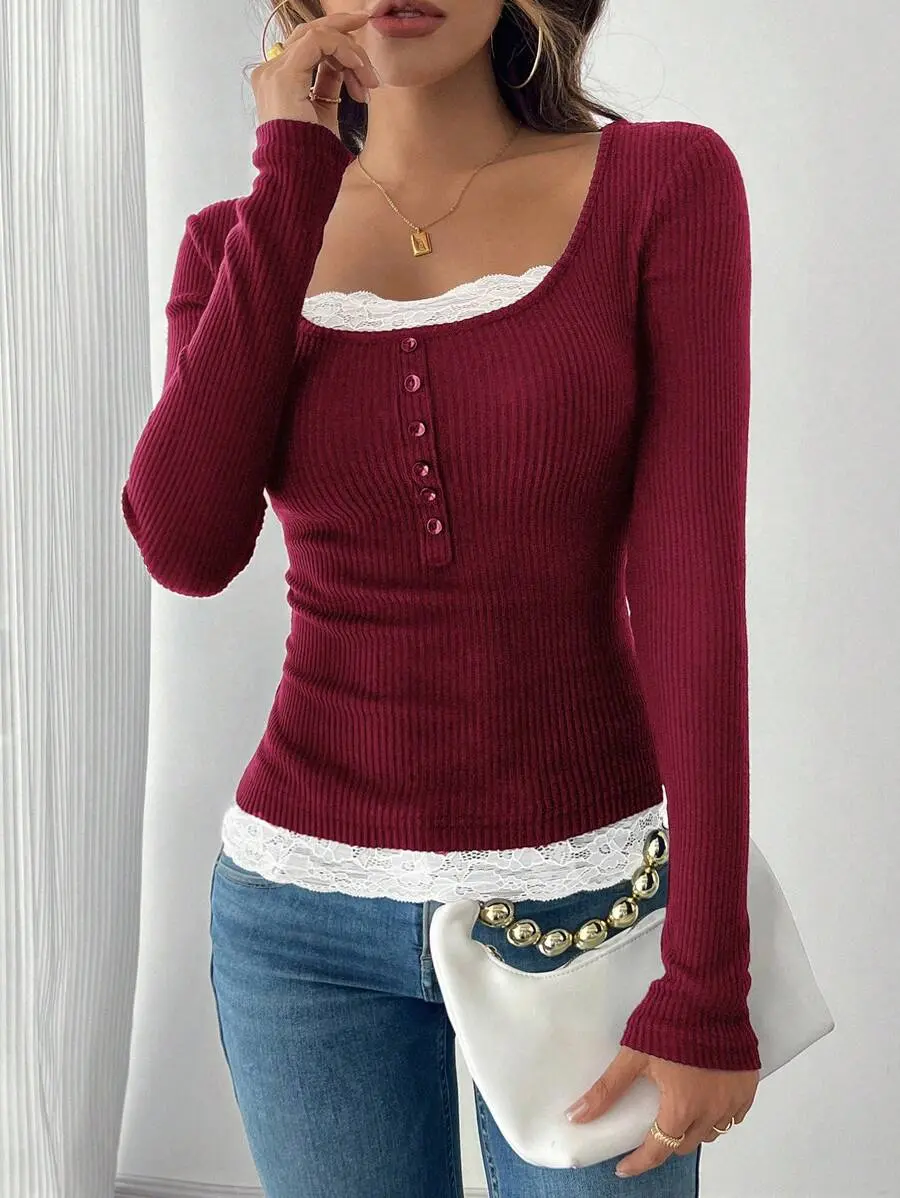 Women's Round Neck 2 In 1 Lace Patchwork T-Shirt, Brown Velour Ribbed, Autumn/Winter Fall Cloth For Women - Back to School