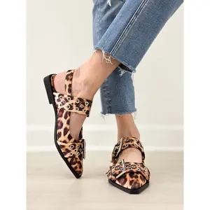 Double Buckle Swing Back Pointed Toe Flats with Grommet Detail