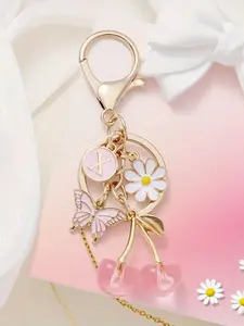 Pink Cherry Blossom Butterfly Keychain,A-Z Initials Keychain with Pink Floral Charms,Women's Butterfly Daisy Flower Keyring,Cherry Keychain Pendant,Flower Butterfly Letter Pendant Keychain Kawaii,Floral Pattern Keychain